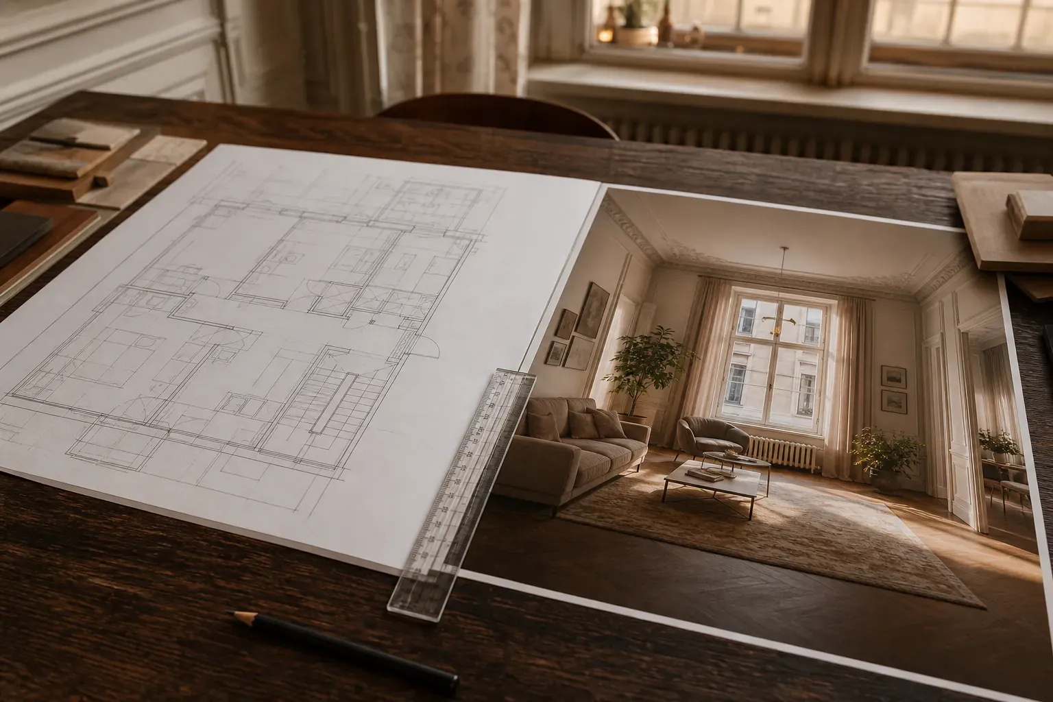 Grundriss und gedrucktes Rendering desselben Wiener Altbauraums mit Maßstab auf einem Arbeitstisch