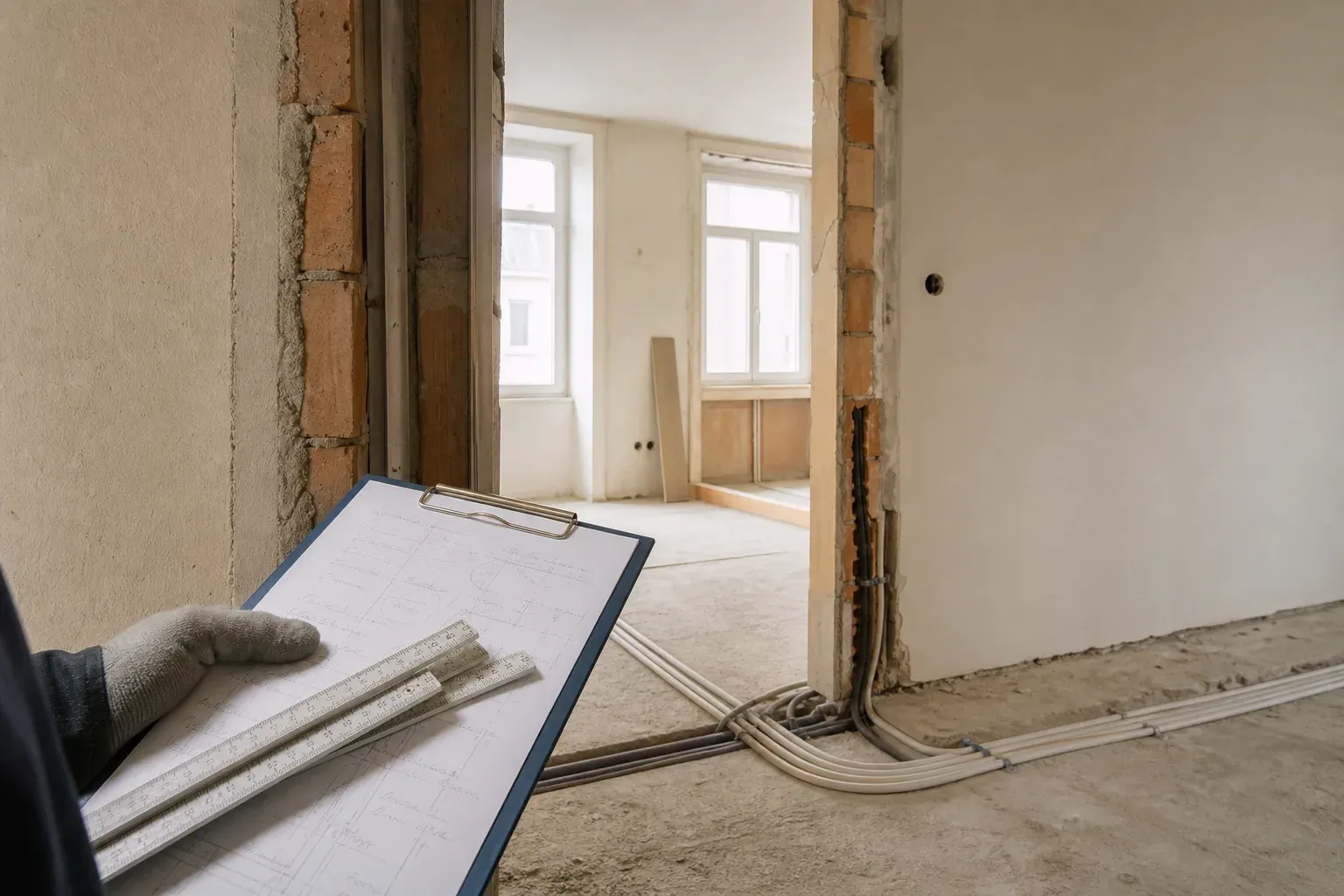 Geöffneter Wandaufbau mit Maßstab und Kontrolldokumentation auf einer Wiener Baustelle