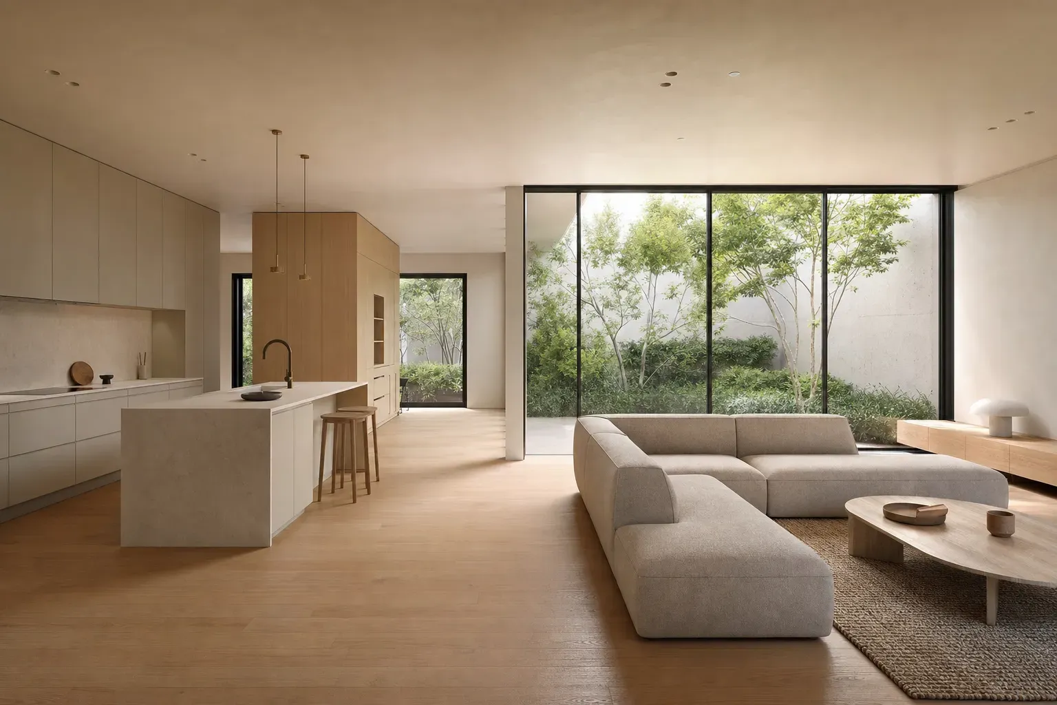 Innenraum-Rendering einer offenen Wohnküche mit Blick in den begrünten Hof